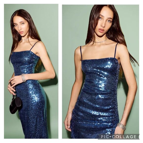 Reformation XS Elise Blue Sequin Knit Dress - Picture 2 of 11